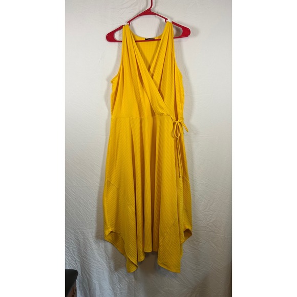 Avon Dresses & Skirts - Avon Yellow Ribbed Wrap Handkerchief Hem Midi Dress Plus Size 1X/1T 18W-20W